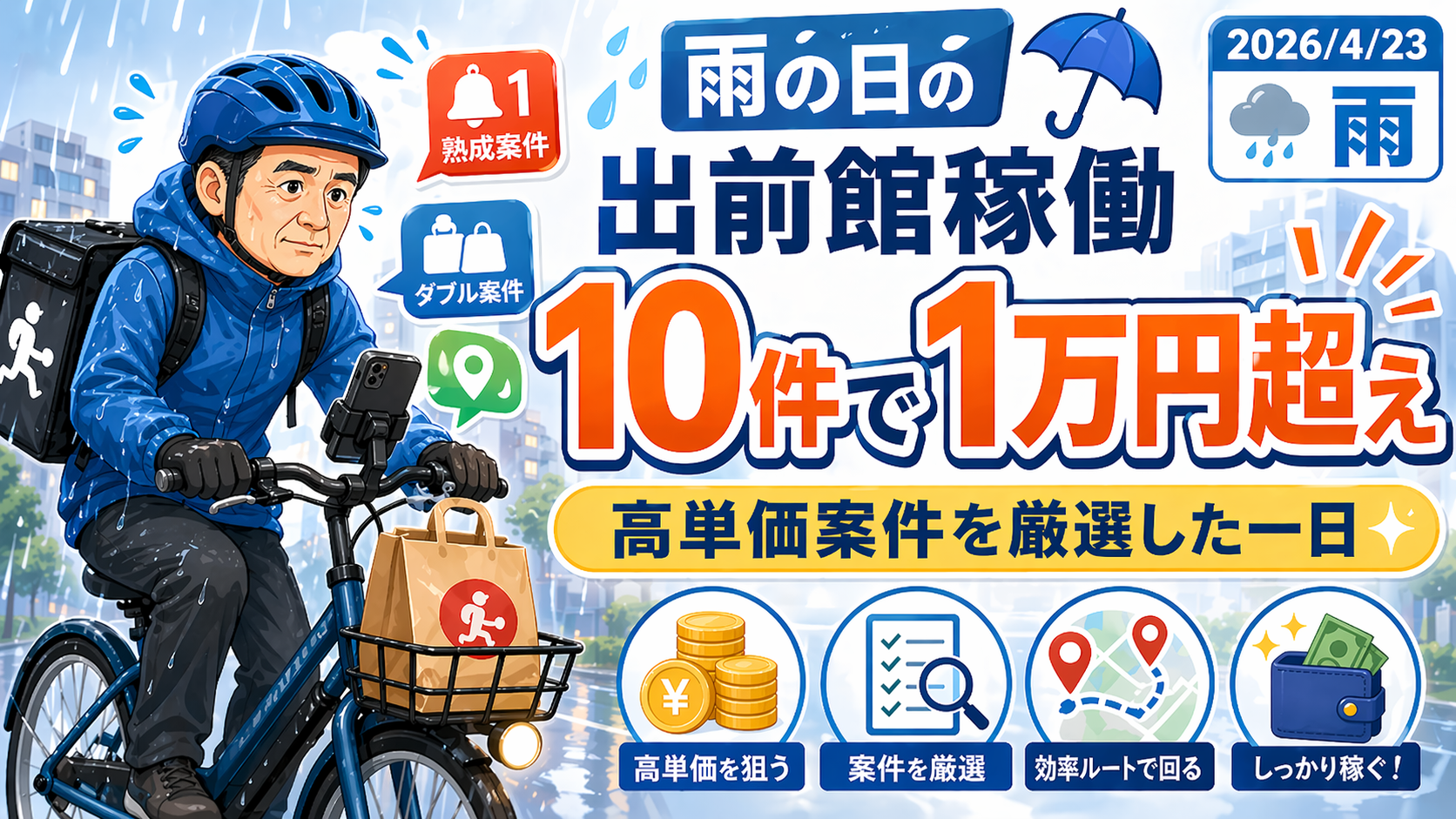 2026年4月23日｜雨の日の出前館稼働。10件で1万円超え、自分の受諾ルールを徹底した日
