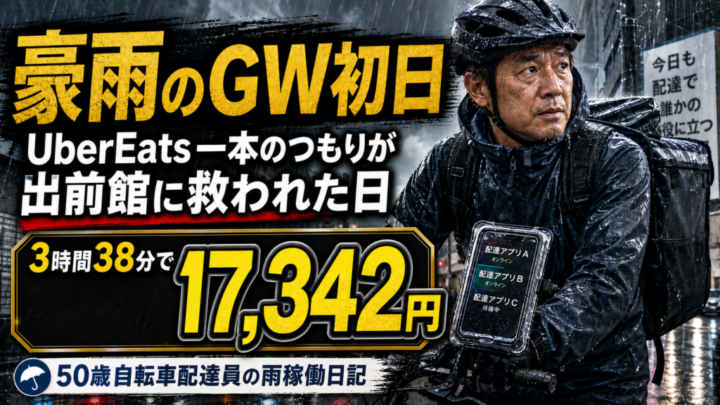 【2026年5月1日稼働日記】豪雨のGW初日、UberEats一本で攻めるつもりが出前館に救われた日